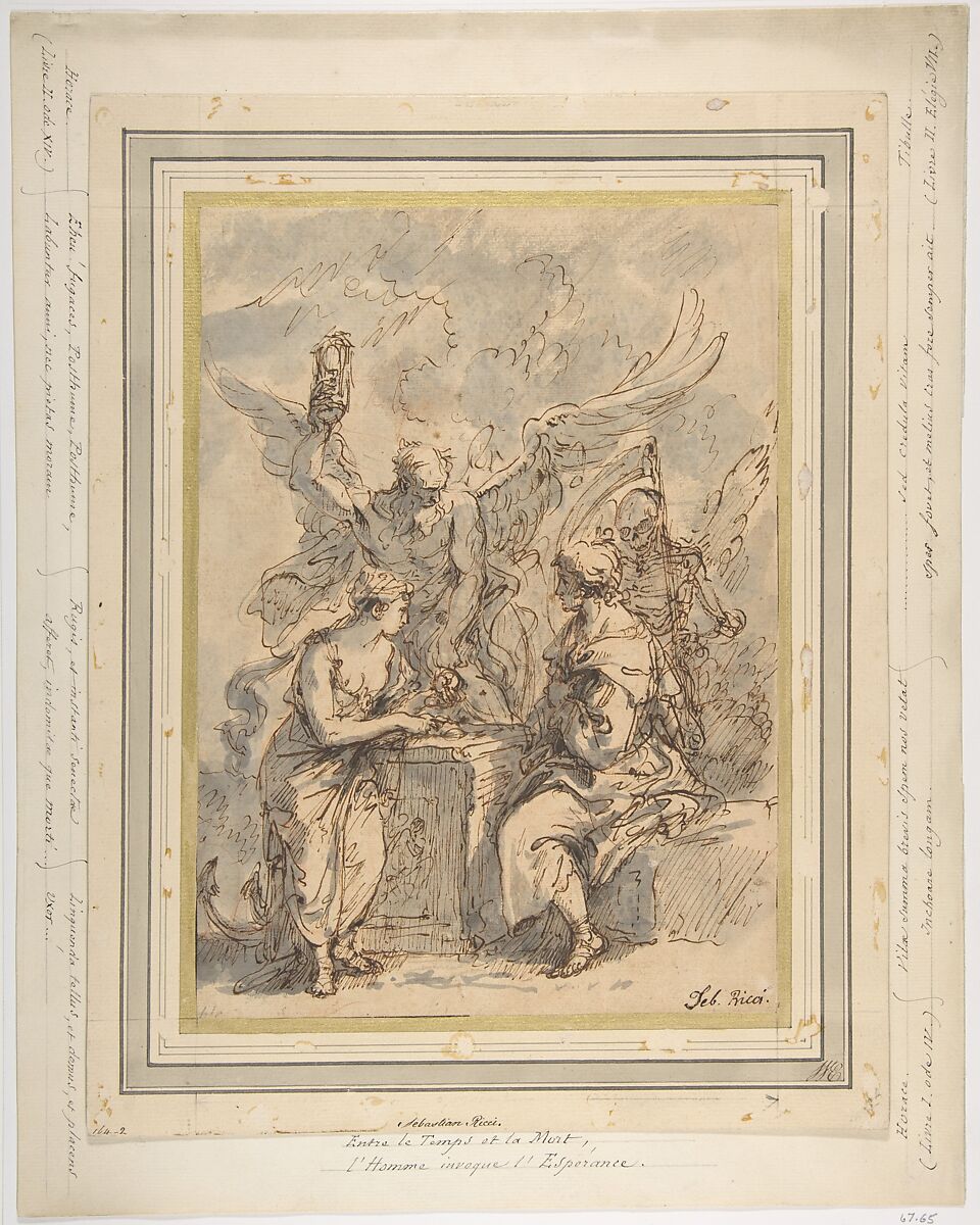 Allegory with Figures of Hope, Time, and Death, Sebastiano Ricci  Italian, Pen and brown ink, brush and gray wash, over red and black chalk