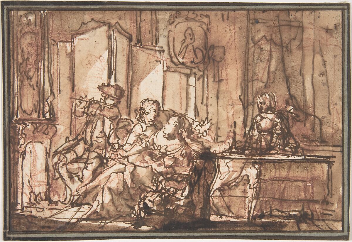 Interior with Figures, Anonymous, French, 18th century, Pen and brown ink, brush and brown wash over red chalk. 