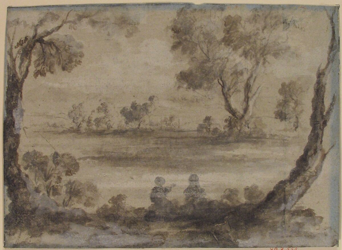River Scene, Anonymous, French, 17th century, Black chalk, brush and black and white wash