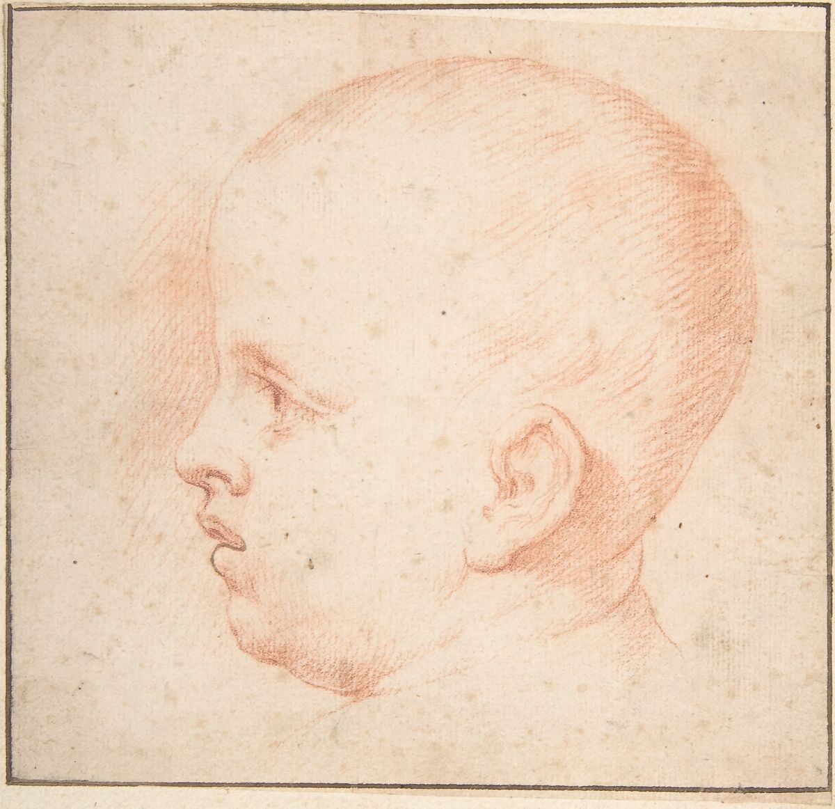 Child's Head, Anonymous, French, 18th century, Red chalk; framing lines in pen and brown ink 