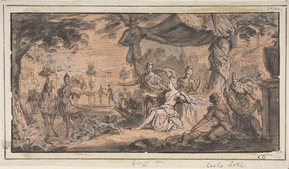 Alexander and Bucephalus, Anonymous, French, 17th century, Pen and brown ink, Chinese white, brush and black wash on yellow paper. 