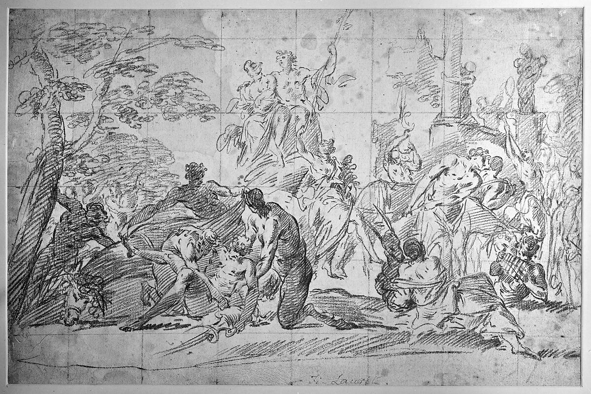 Bacchanals, Anonymous, French, 18th century, Red chalk; squared in black chalk