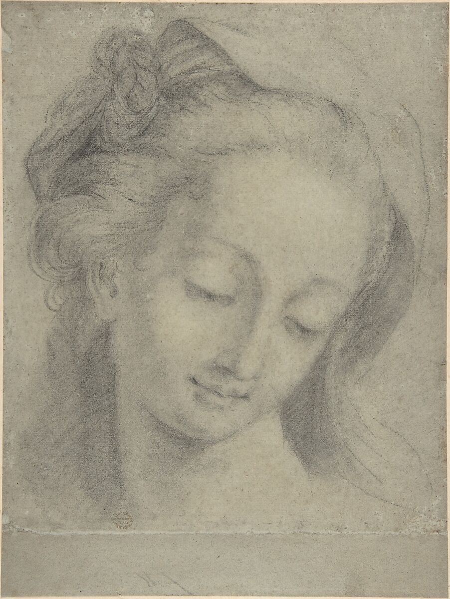 Head of a Woman, Anonymous, French, 17th century, Black chalk on gray paper 