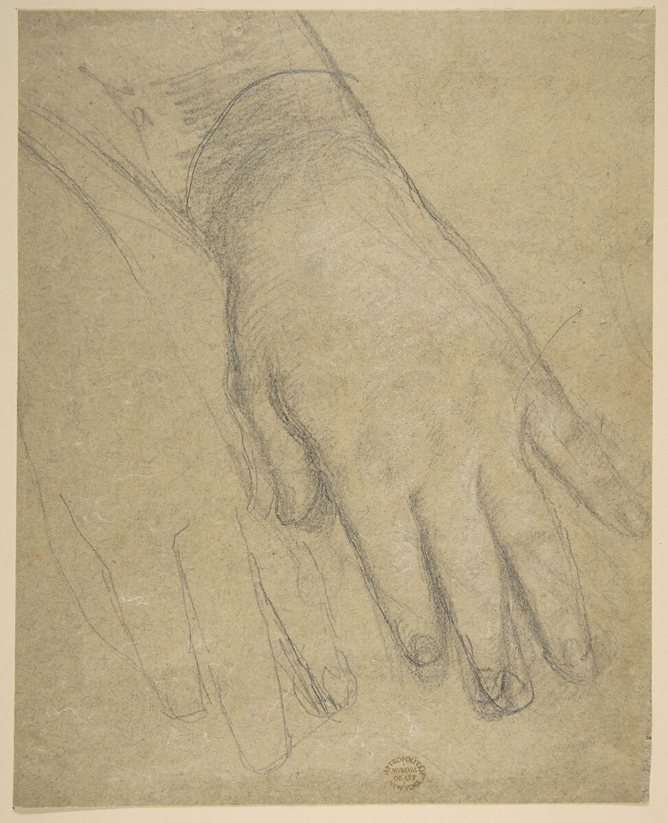 Study of a Hand, Anonymous, French, 19th century, Graphite heightened with white on greenish paper 