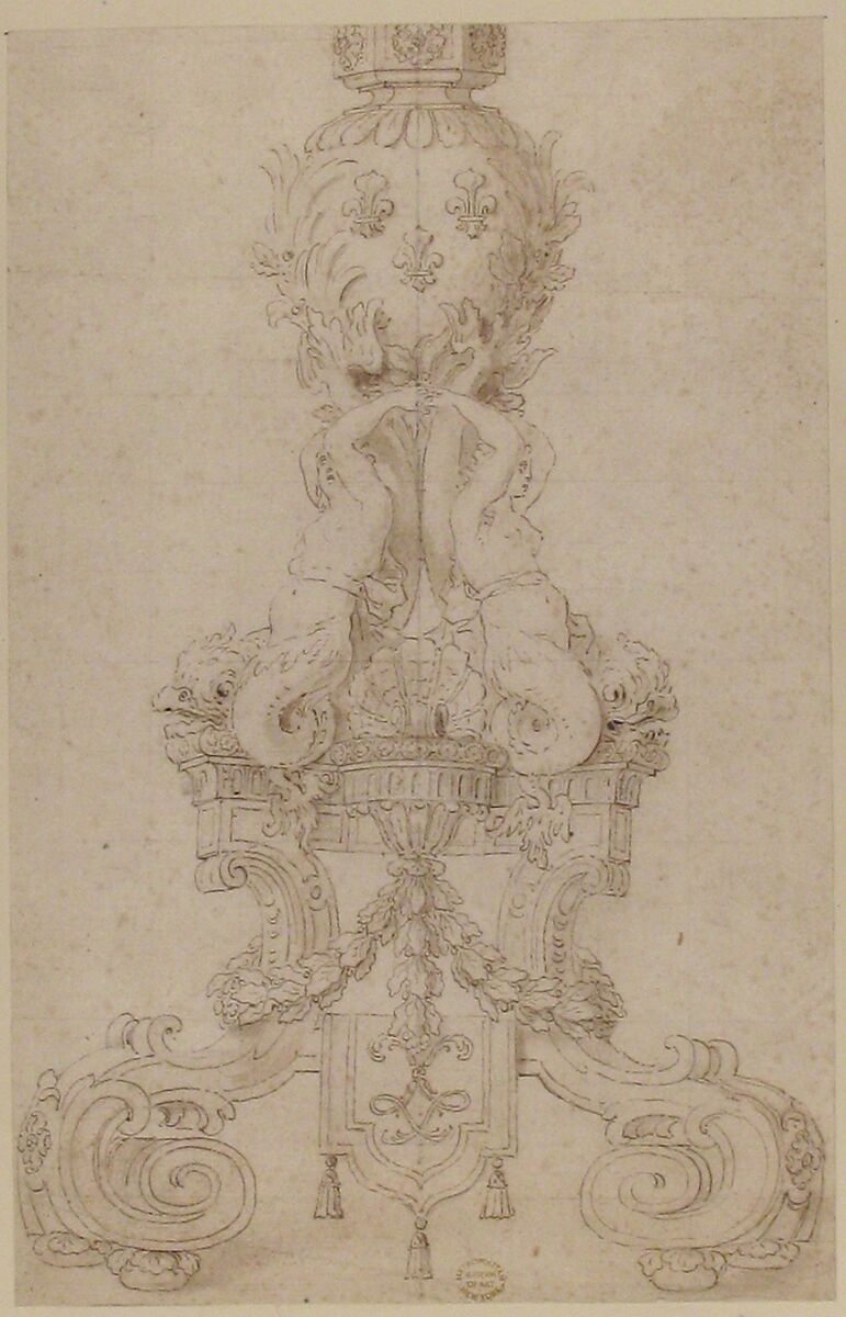 Design for a Candelabrum with the Monogram of Louis XIV, Anonymous, French, 17th century, Pen and brown ink on light buff paper