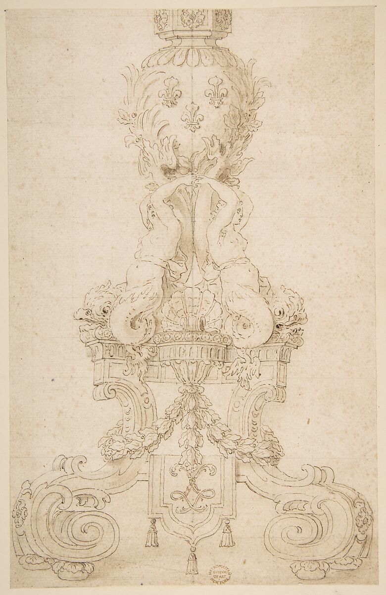 Design for a Candelabrum with the Monogram of Louis XIV, Anonymous, French, 17th century, Pen and brown ink on light buff paper 