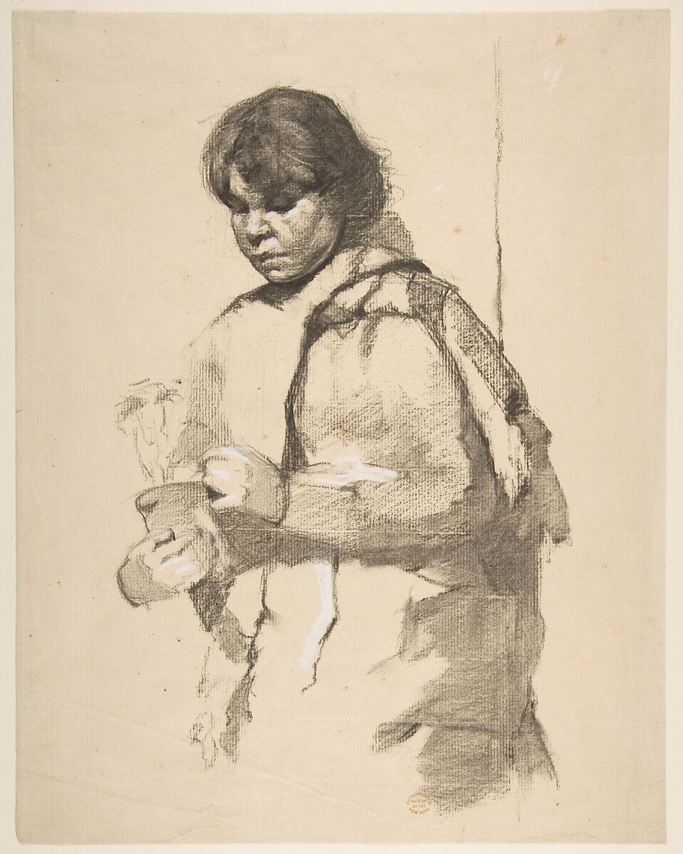 Girl with a Flower Pot, Anonymous, French, 19th century, Charcoal on pale buff paper, touched with white chalk 