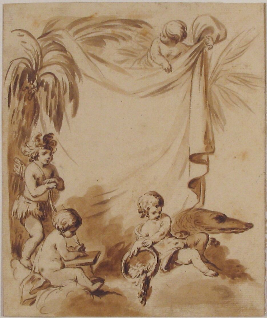 Allegories of America, Asia, and Europe, Anonymous, French, 18th century, Brush and brown wash