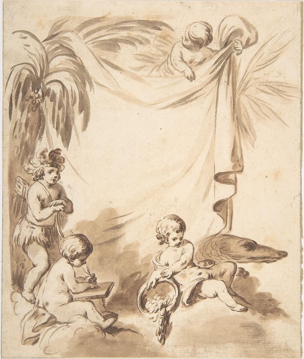 Allegories of America, Asia, and Europe, Anonymous, French, 18th century, Brush and brown wash on paper 