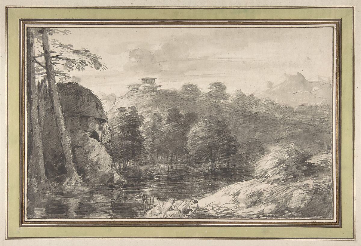 Italian Landscape, Anonymous, French, 18th century, Black chalk, brush and gray and black wash 