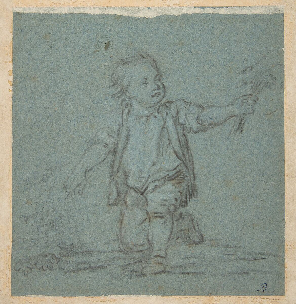 Boy Holding Flowers, Anonymous, French, 18th century, Black and white chalk on blue paper 