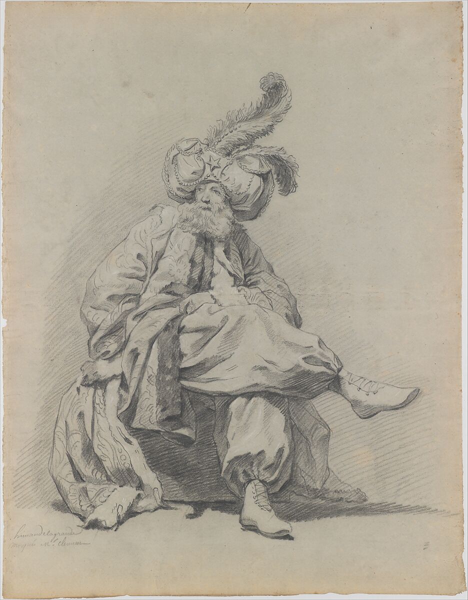 Study of the Costume of Monsieur Clément, Anonymous, French, 18th century, Black chalk, heightened with white, on blue paper, faded to gray 