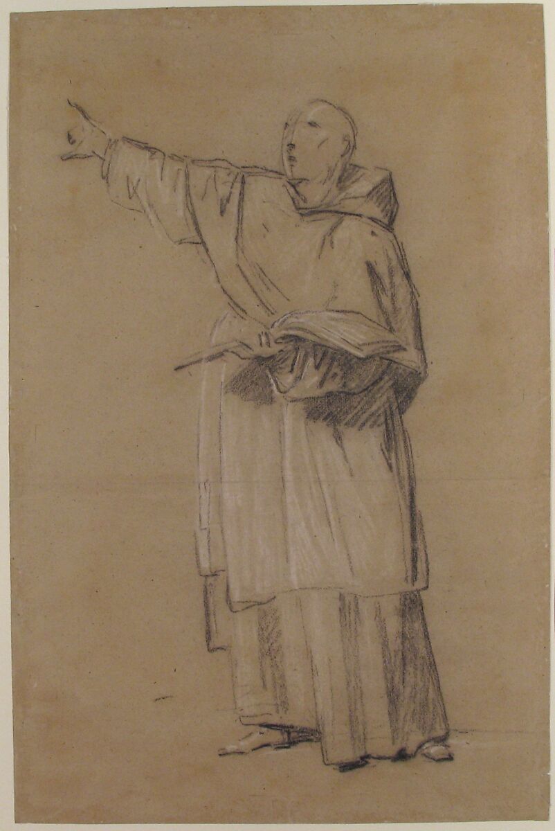 A standing monk, Anonymous, French, 18th century, Black and white chalk on gray-brown paper