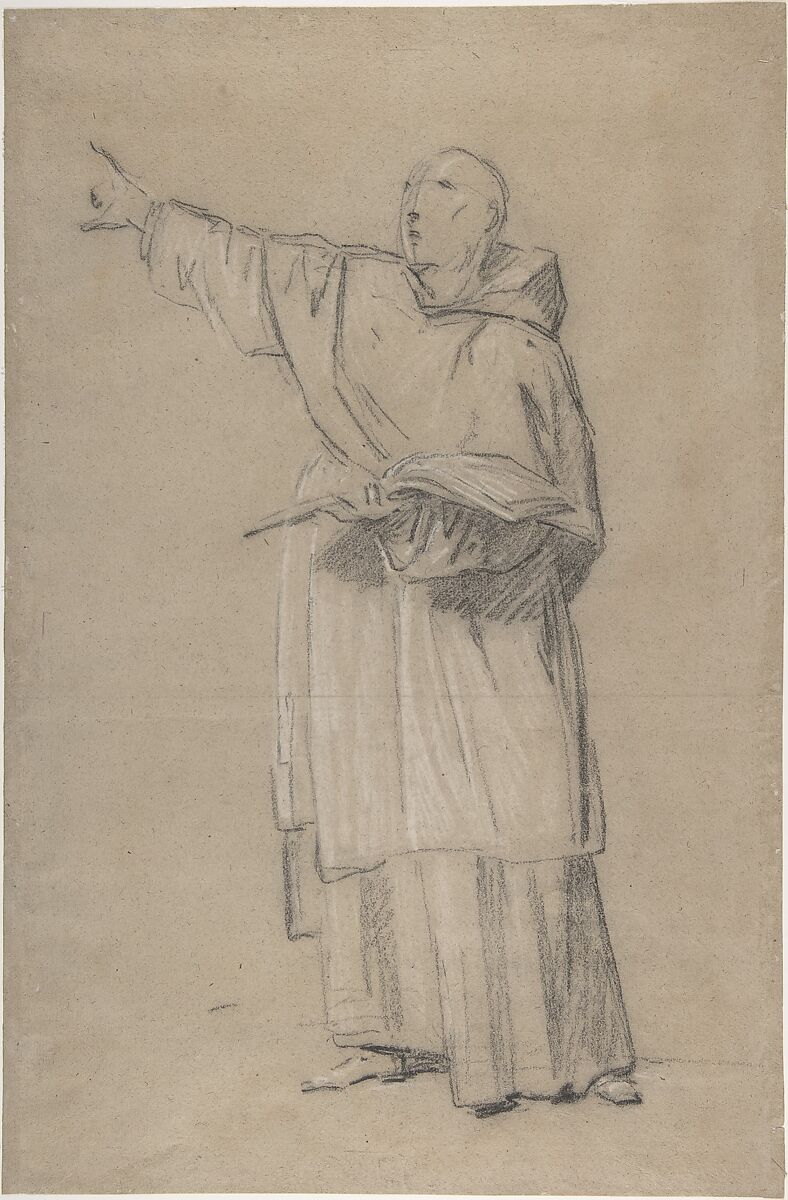 A standing monk, Anonymous, French, 18th century, Black and white chalk on gray-brown paper 