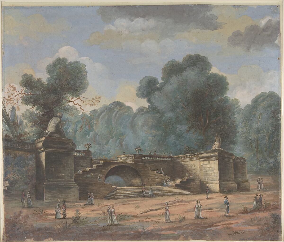 Park Landscape with Strolling Figures, Anonymous, French, 19th century, Gouache 