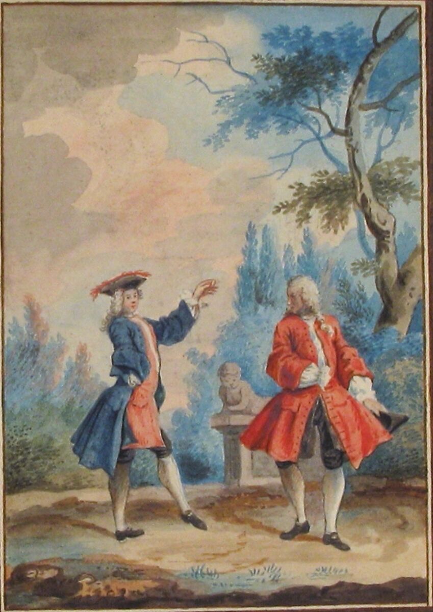 Two dancing male figures in a landscape, Anonymous, French, 18th century, Gouache; framing lines in pen and brown ink