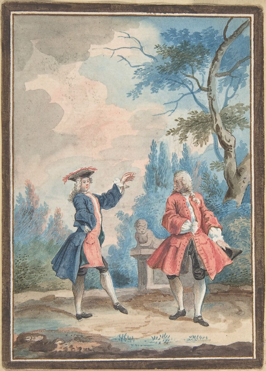 Two dancing male figures in a landscape, Anonymous, French, 18th century, Gouache; framing lines in pen and brown ink 