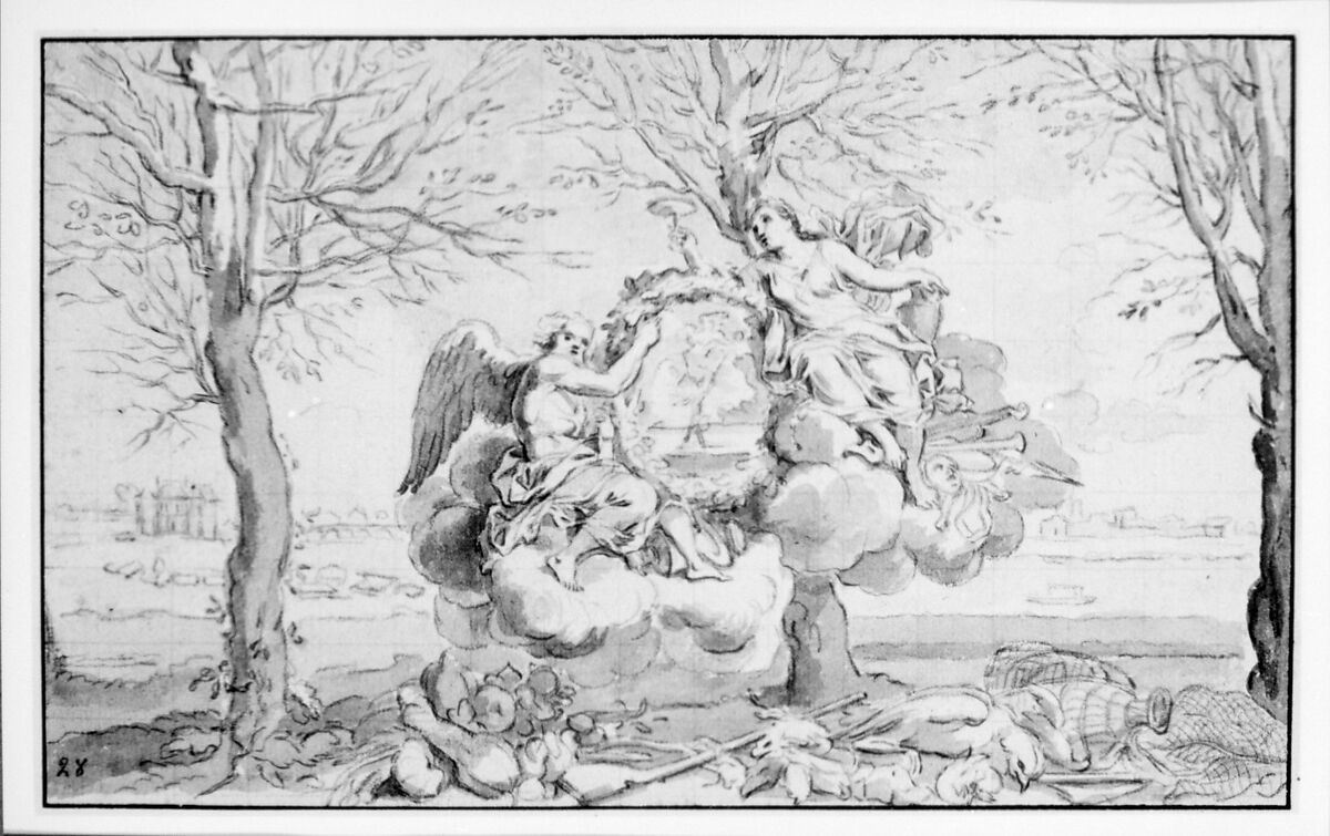 Allegory of Winter, after Sébastien Le Clerc, Anonymous, French, 18th century, Brush and gray wash, over red chalk; squared in graphite.  Framing lines in pen and brown ink