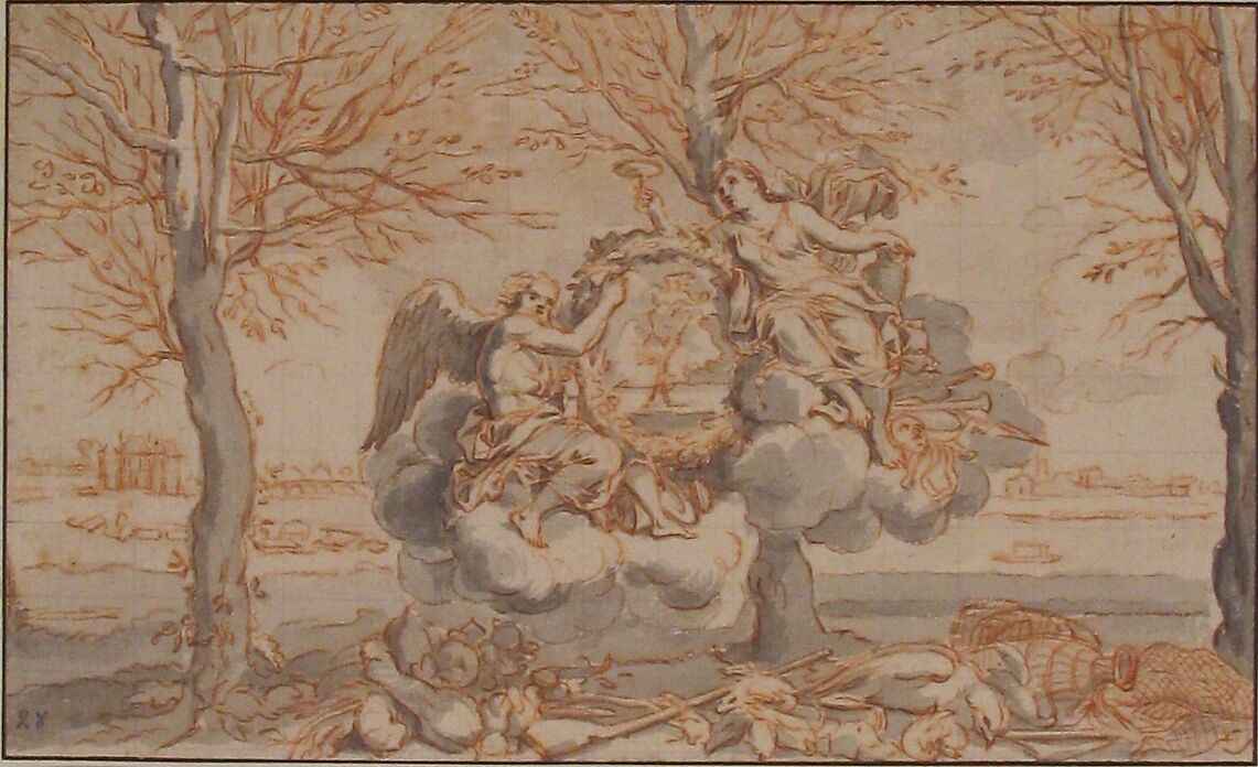 Allegory of Winter, after Sébastien Le Clerc, Anonymous, French, 18th century, Brush and gray wash, over red chalk; squared in graphite.  Framing lines in pen and brown ink