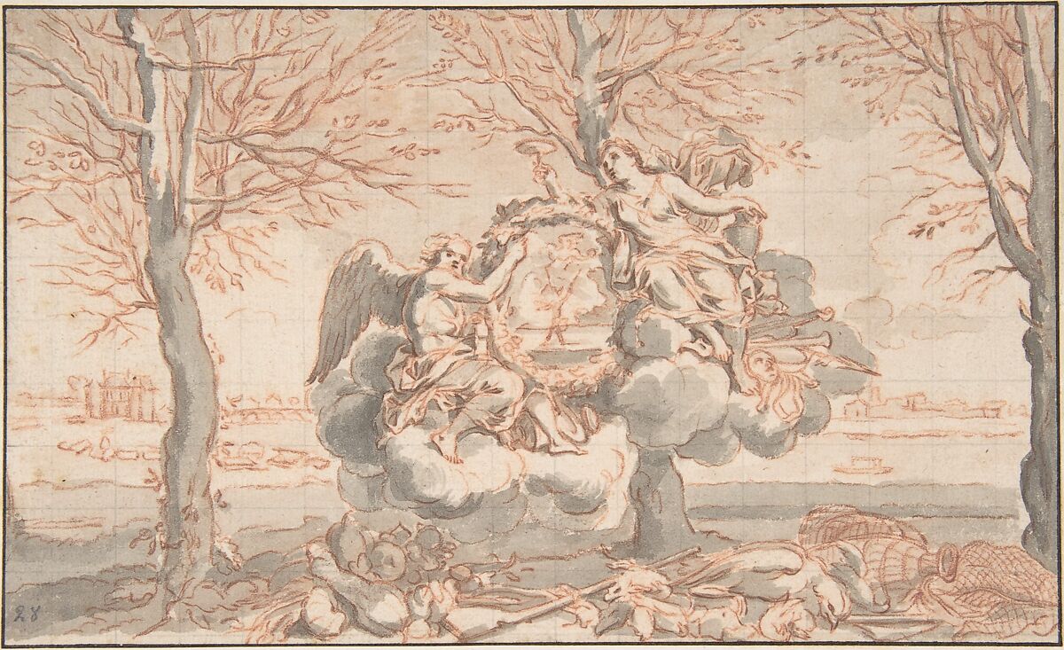 Allegory of Winter, after Sébastien Le Clerc, Anonymous, French, 18th century, Brush and gray wash, over red chalk; squared in graphite.  Framing lines in pen and brown ink 
