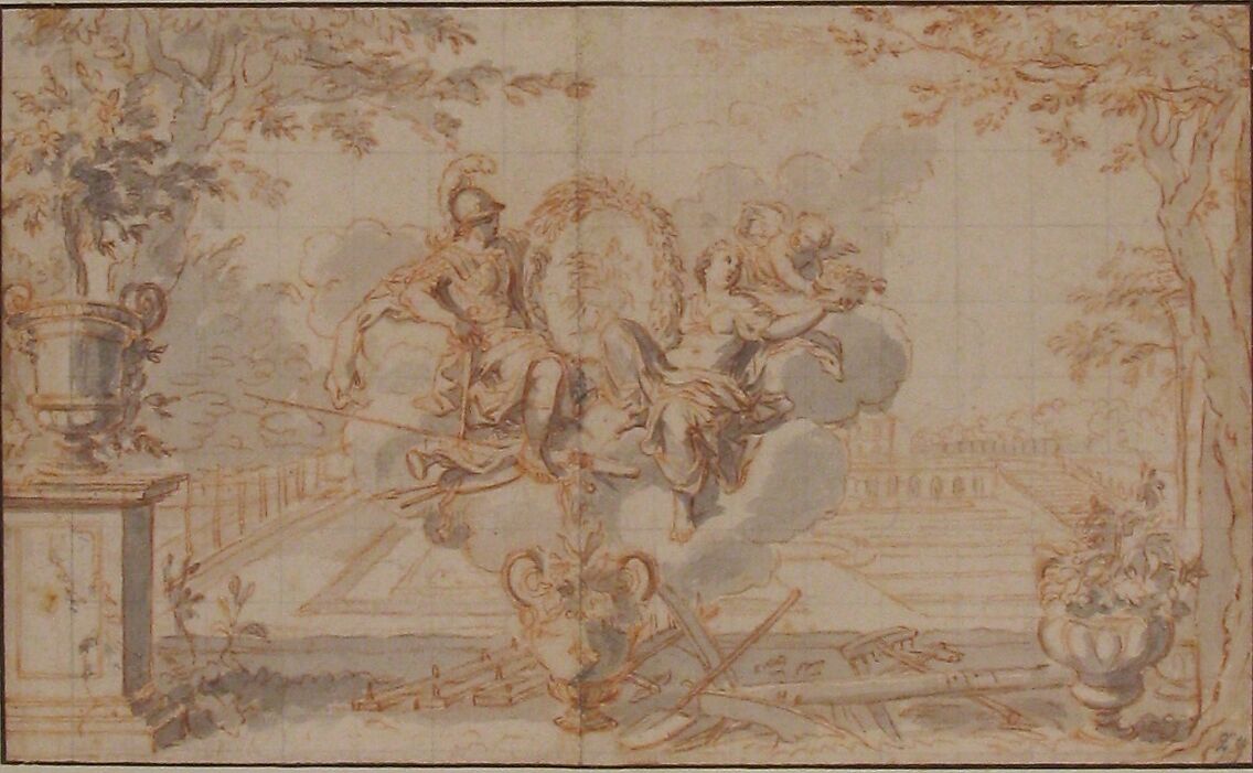 Allegory of Spring, after Sébastien Leclerc, Anonymous, French, 18th century, Brush and gray wash, over red chalk; squared in graphite; framing lines in pen and brown ink.  Vertical crease just left of center.