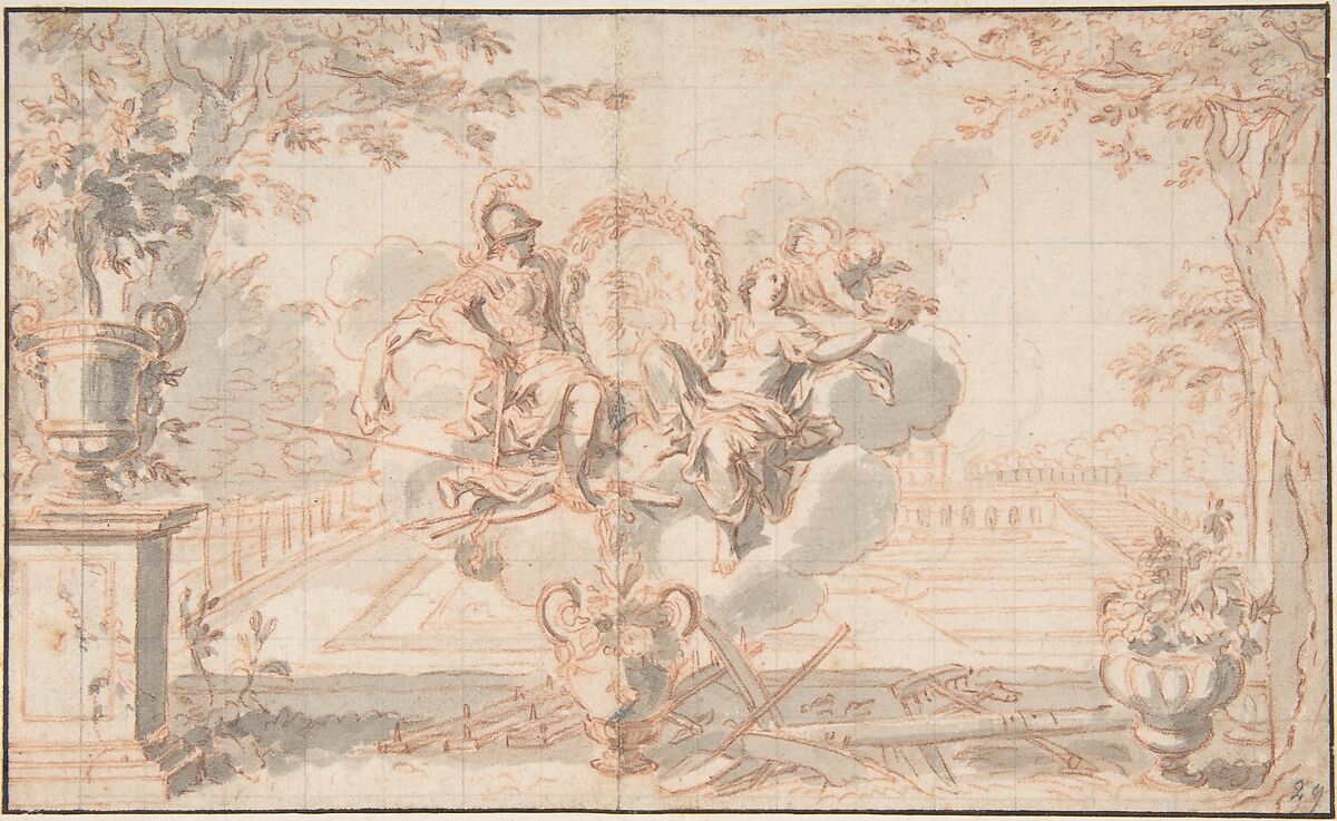 Allegory of Spring, after Sébastien Leclerc, Anonymous, French, 18th century, Brush and gray wash, over red chalk; squared in graphite; framing lines in pen and brown ink.  Vertical crease just left of center. 