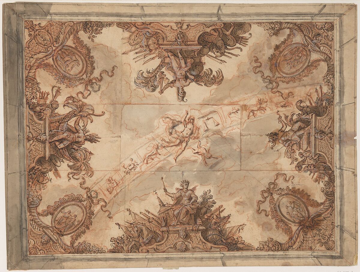 Design for the Decoration of a Ceiling with the Allegories of the Four Continents and the Signs of the Zodiac, Anonymous, French, 17th century, Pen and brown ink, brush and  brown, gray, and red wash, heightened with white, over red and black chalk 
