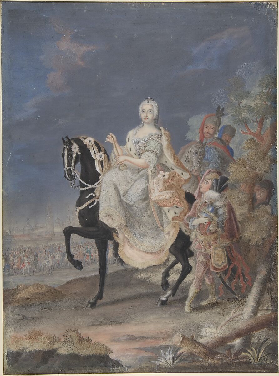 Portrait of Maria Theresa, queen of Hungary and Bohemia, on horseback, Anonymous, French, 18th century, Watercolor on vellum 