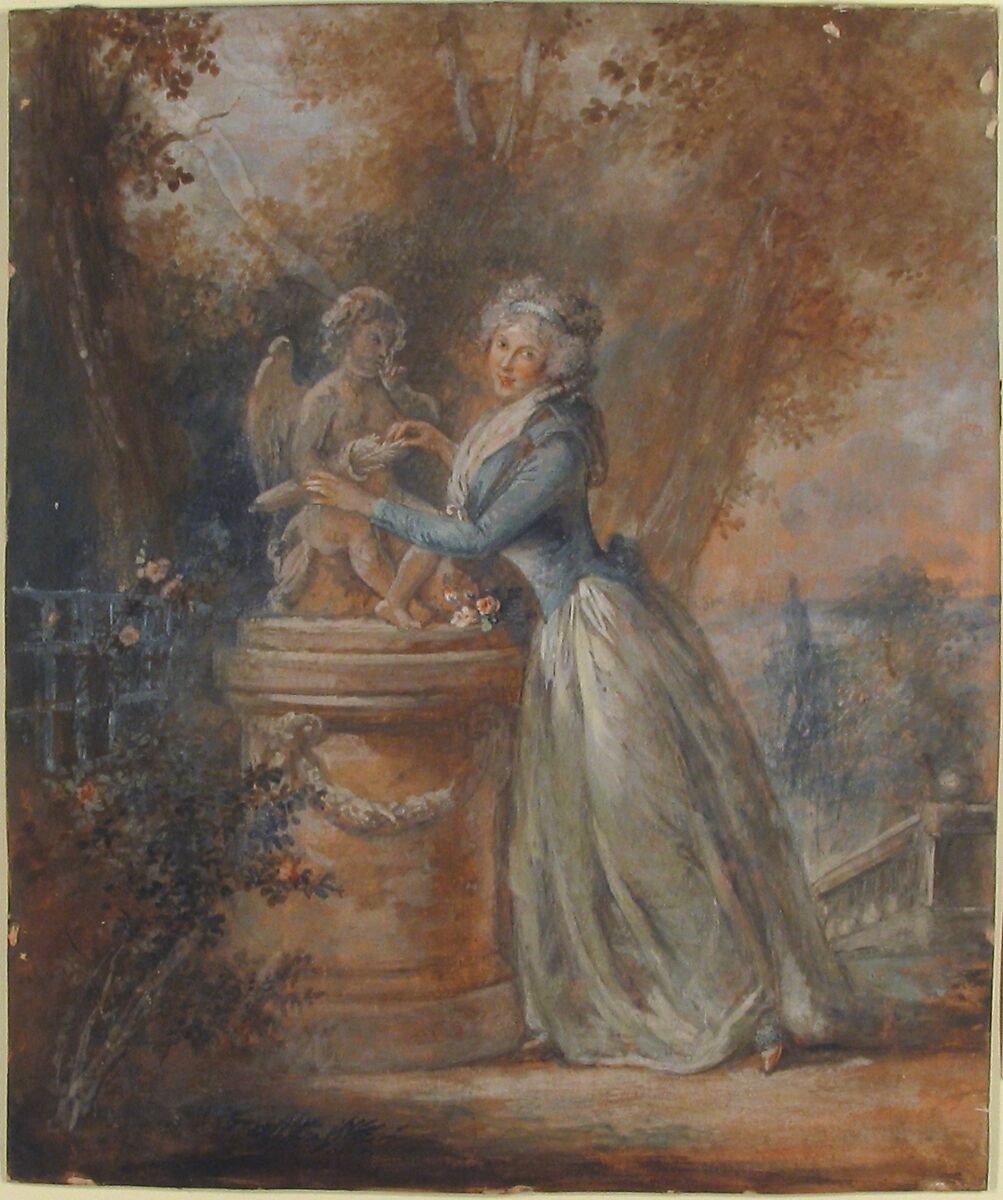 Lady in a garden, Anonymous, French, 18th century, Gouache on cardboard