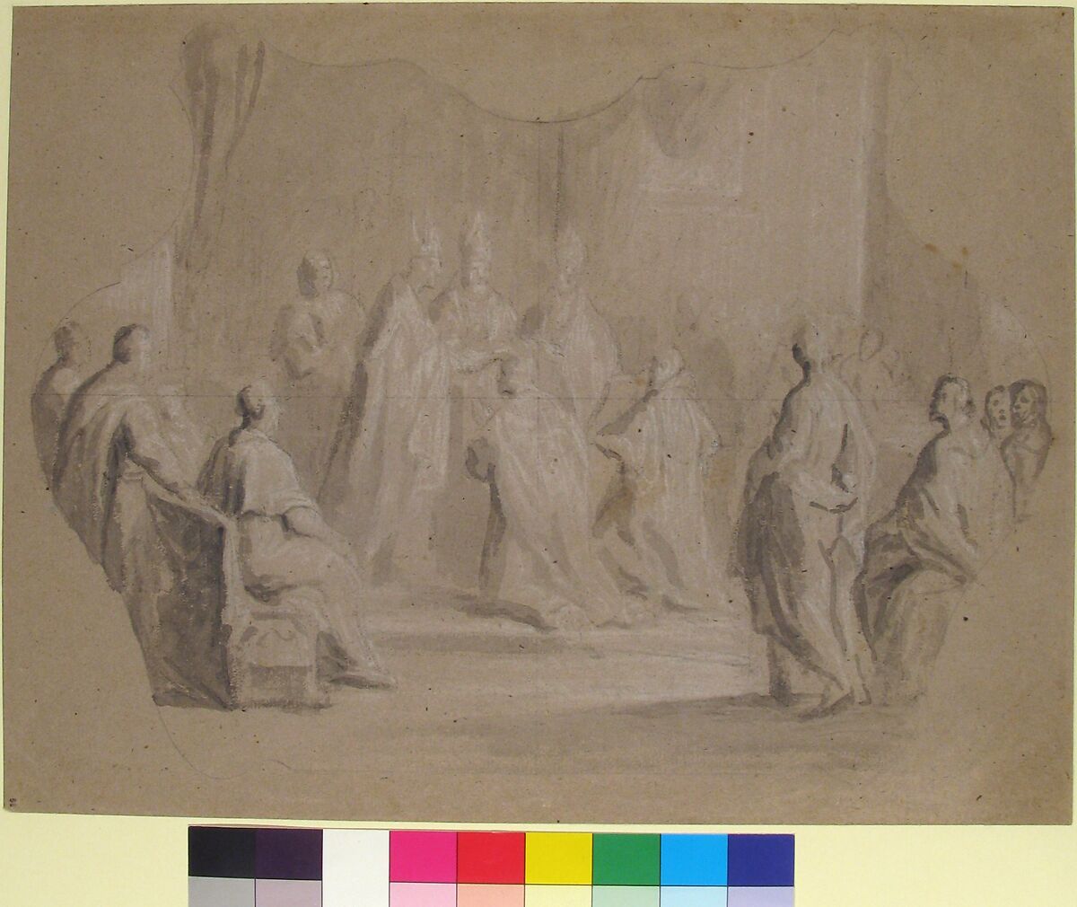 The Consecration of a Bishop, Anonymous, French, 18th century, Brush and gray wash, heightened with white, over black chalk, on beige paper; shaped framing lines and ruled vertical and horizontal lines in graphite