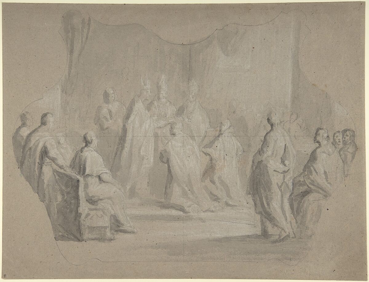 The Consecration of a Bishop, Anonymous, French, 18th century, Brush and gray wash, heightened with white, over black chalk, on beige paper; shaped framing lines and ruled vertical and horizontal lines in graphite 