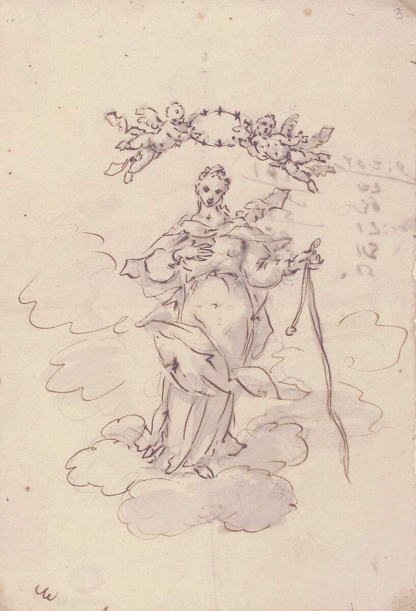 Virgin Standing on Clouds Holding a Scapular in Her Left Hand, attributed to Giovanni Antonio Pellegrini (Italian, Venice 1675–1741 Venice), Pen and brown ink, brush and gray wash, over black chalk