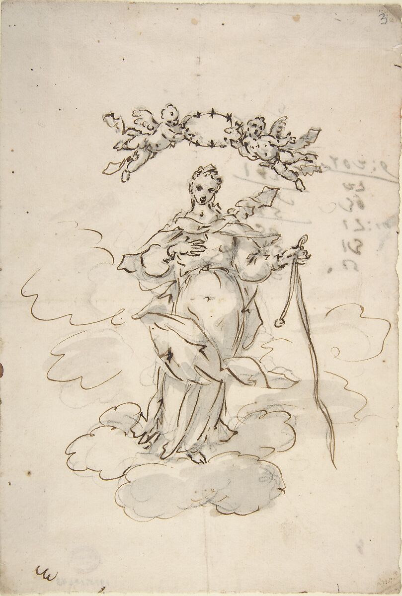 Virgin Standing on Clouds Holding a Scapular in Her Left Hand, attributed to Giovanni Antonio Pellegrini (Italian, Venice 1675–1741 Venice), Pen and brown ink, brush and gray wash, over black chalk 