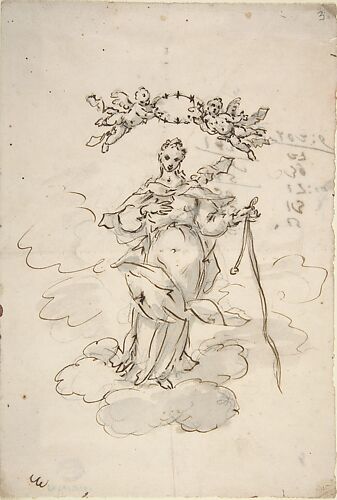 Virgin Standing on Clouds Holding a Scapular in Her Left Hand