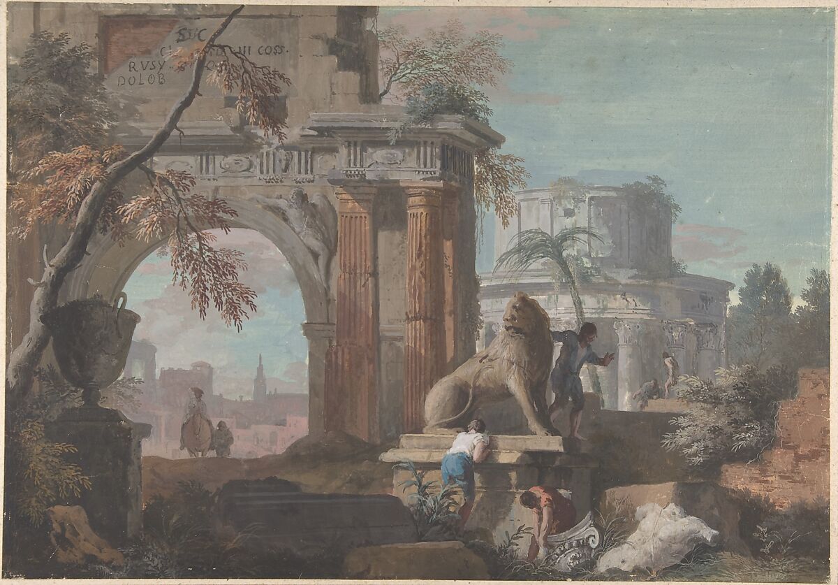 Capriccio with Roman Ruins, Marco Ricci (Italian, Belluno 1676–1730 Venice (?)), Gouache on paper 