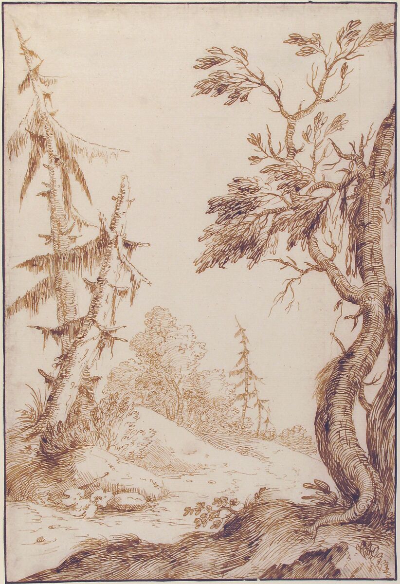 Clearing in a Wooded Landscape, Marco Ricci (Italian, Belluno 1676–1730 Venice (?)), Pen and brown ink, over traces of graphite or lead; framing lines in pen and dark brown ink