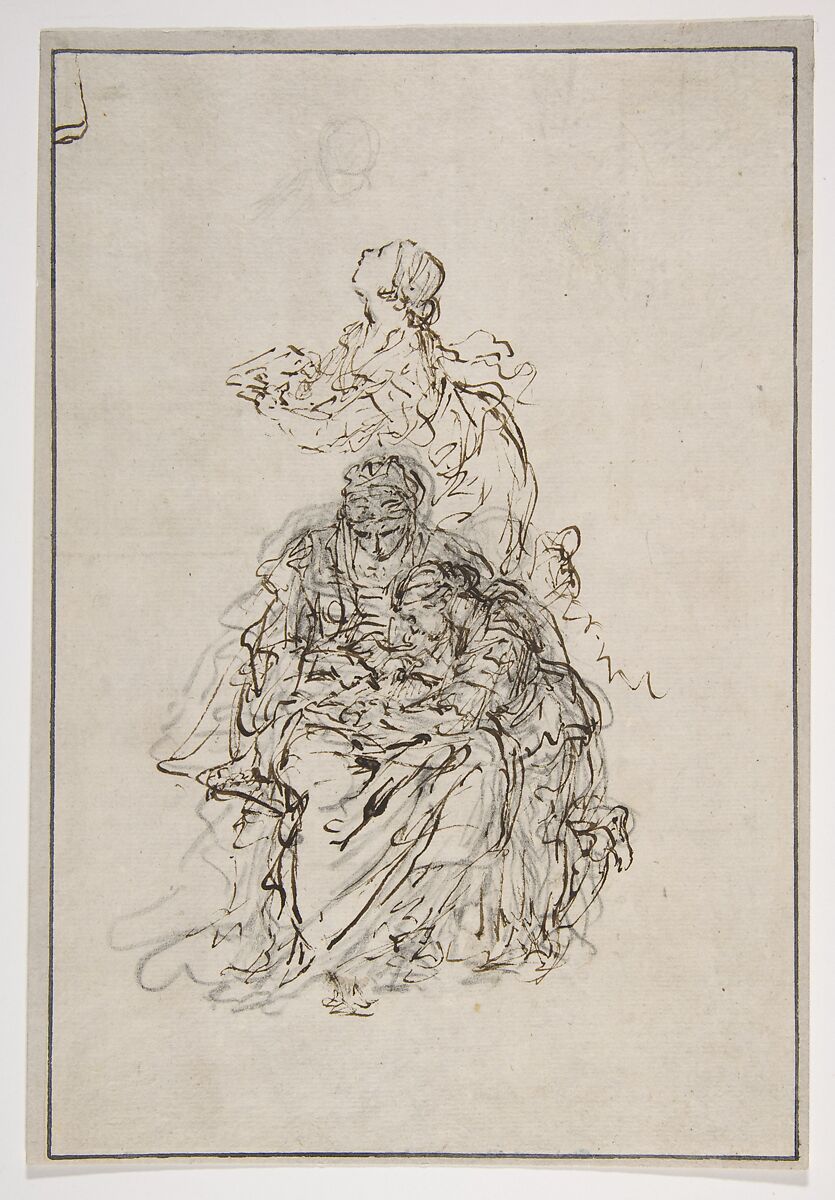 Studies for an Education of the Virgin: Saint Anne Teaching the Virgin to Read, Sebastiano Ricci (Italian, Belluno 1659–1734 Venice), Pen and brown ink over black chalk 