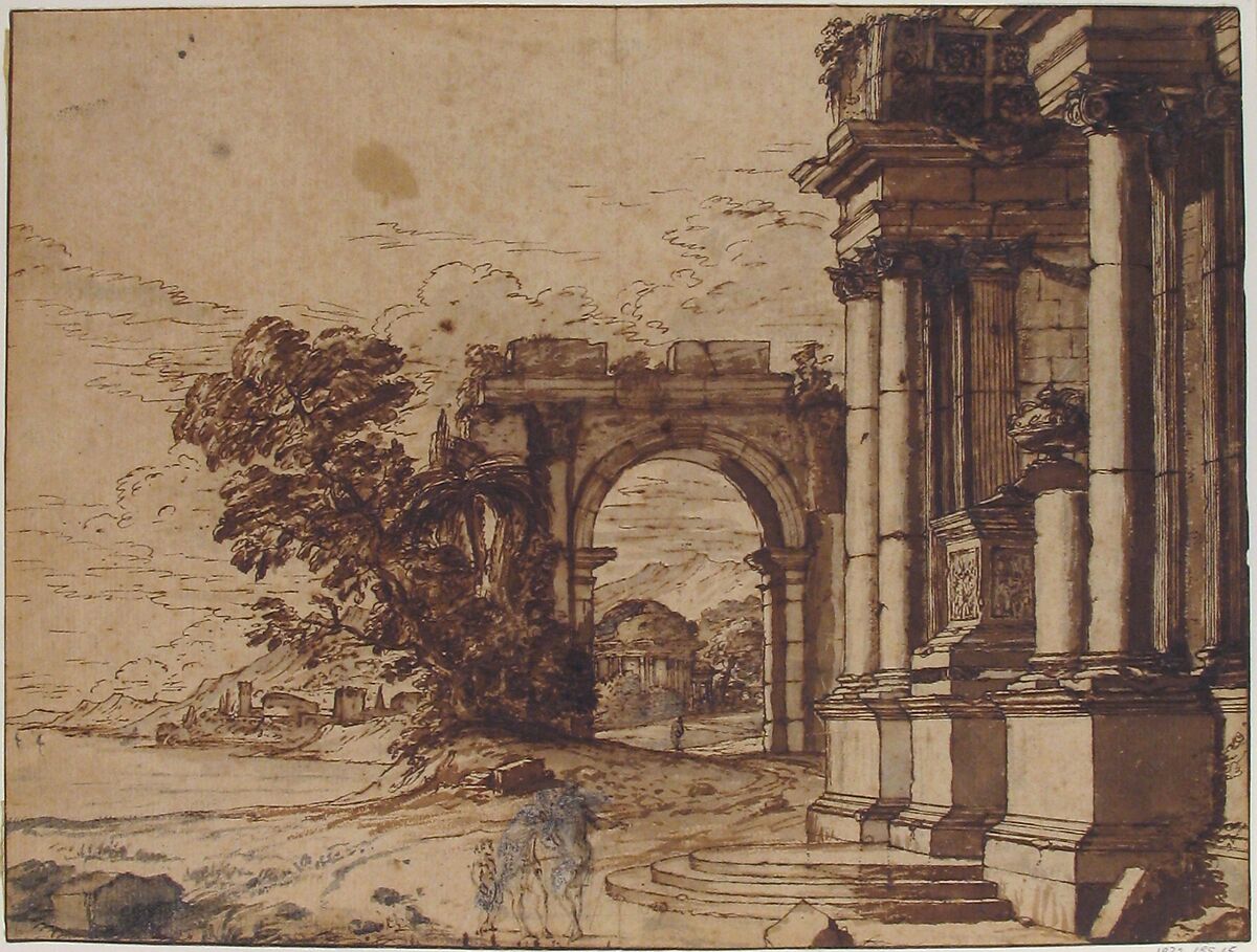 Landscape with Classical Architecture by a Lake, Anonymous, French, 17th century, Pen and brown ink, brush and brown wash and a little gray wash, traces of graphite, heightened with white gouache