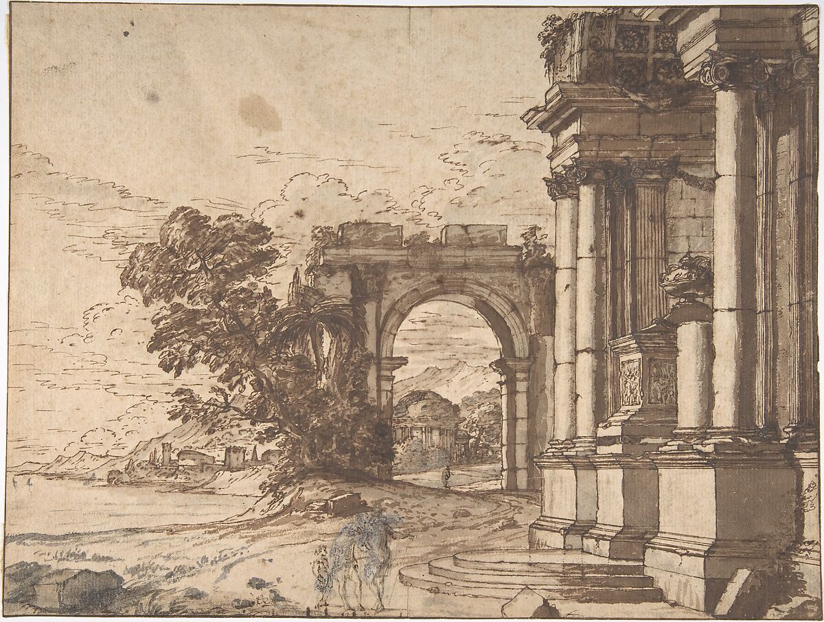 Landscape with Classical Architecture by a Lake, Anonymous, French, 17th century, Pen and brown ink, brush and brown wash and a little gray wash, traces of graphite, heightened with white gouache 