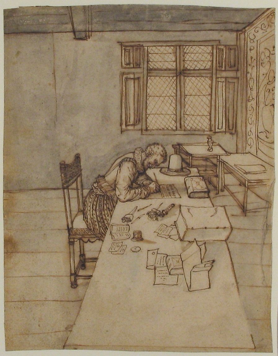 Interior with a Man Writing on a Long Table, Anonymous, French, 16th century, Pen and brown ink, brush and gray and brown wash, over faint sketch in graphite