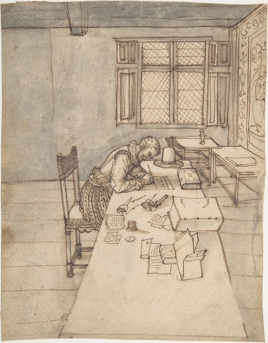 Interior with a Man Writing on a Long Table, Anonymous, French, 16th century, Pen and brown ink, brush and gray and brown wash, over faint sketch in graphite 