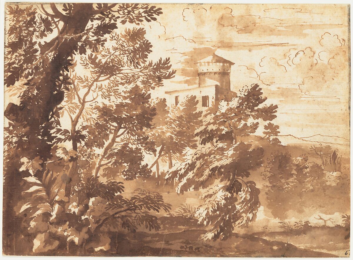 Wooded Landscape with a Tower, Anonymous, French, 17th century, Pen and brown ink, brush and brown wash, over graphite; framing lines in graphite