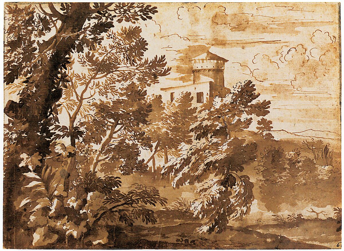 Wooded Landscape with a Tower, Anonymous, French, 17th century, Pen and brown ink, brush and brown wash, over graphite; framing lines in graphite