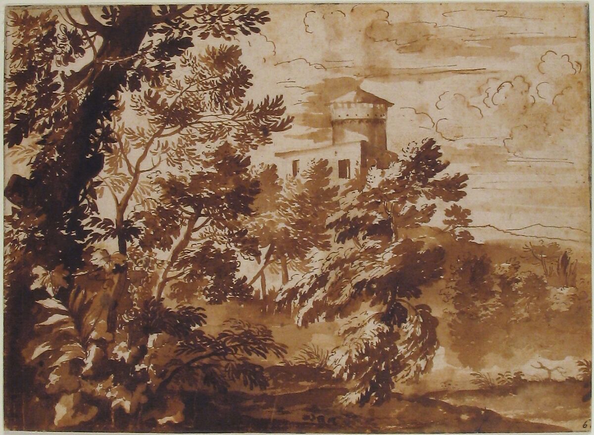 Wooded Landscape with a Tower, Anonymous, French, 17th century, Pen and brown ink, brush and brown wash, over graphite; framing lines in graphite