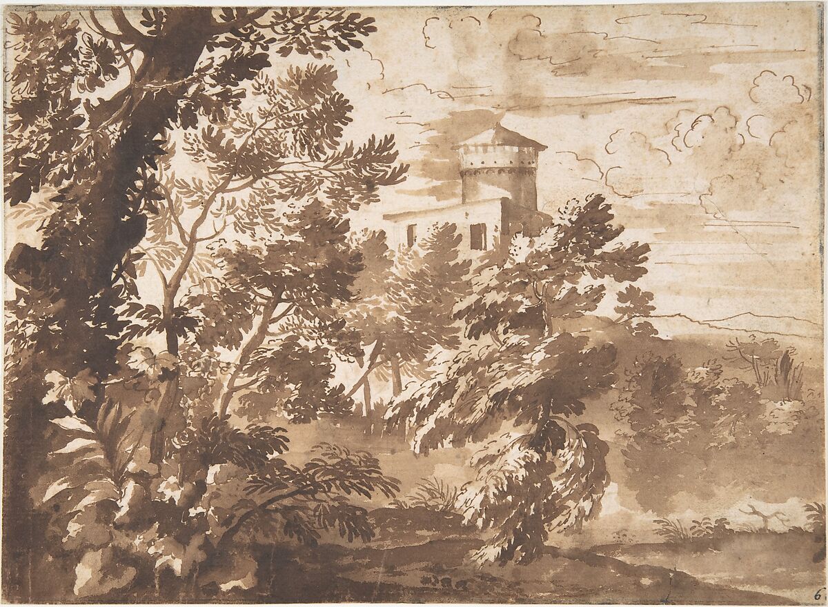 Wooded Landscape with a Tower, Anonymous, French, 17th century, Pen and brown ink, brush and brown wash, over traces of graphite.  Framing lines in graphite. 