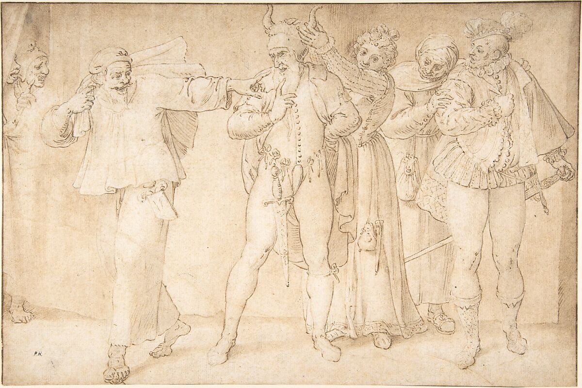 A Theatrical Scene, Anonymous, French, 17th century, Pen and brown ink, brush and brown wash 