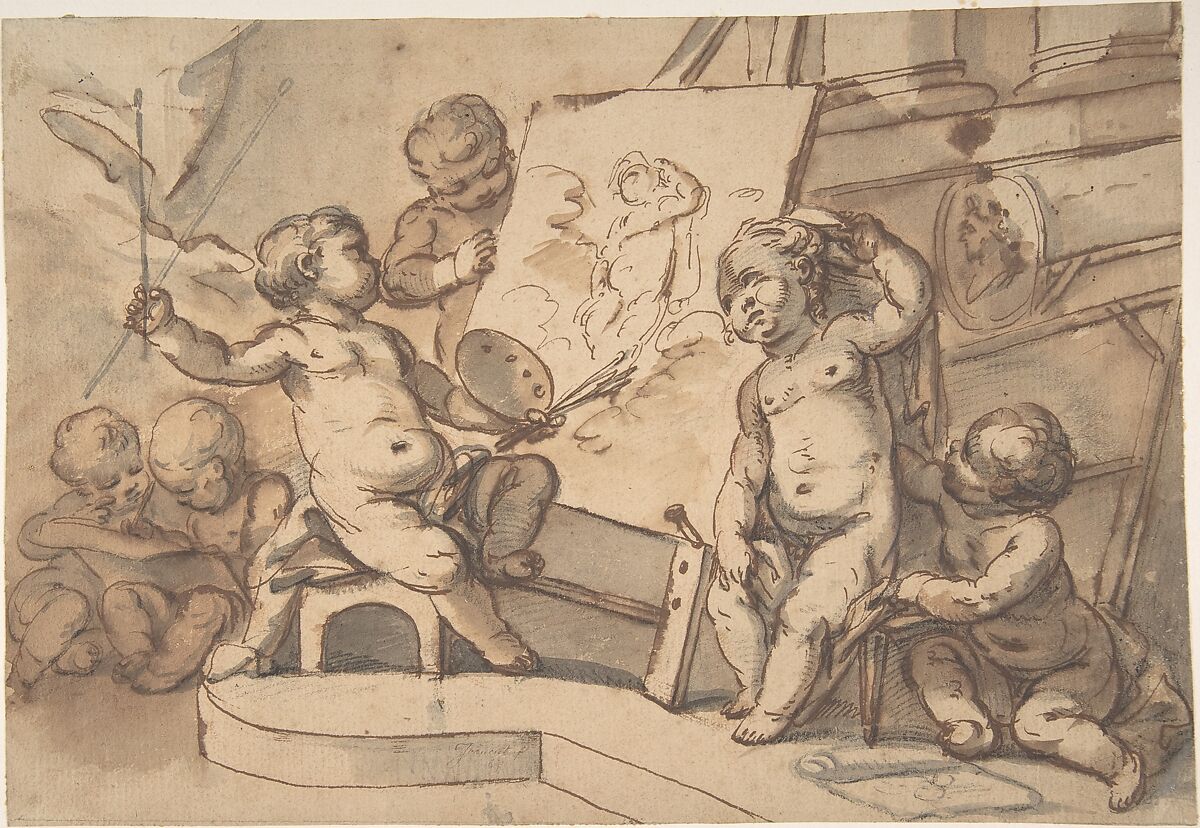 Allegory of Painting with Putti, Anonymous, French, 18th century, Pen and brown ink, brown and gray wash over black chalk; verso:  faint black chalk sketches 