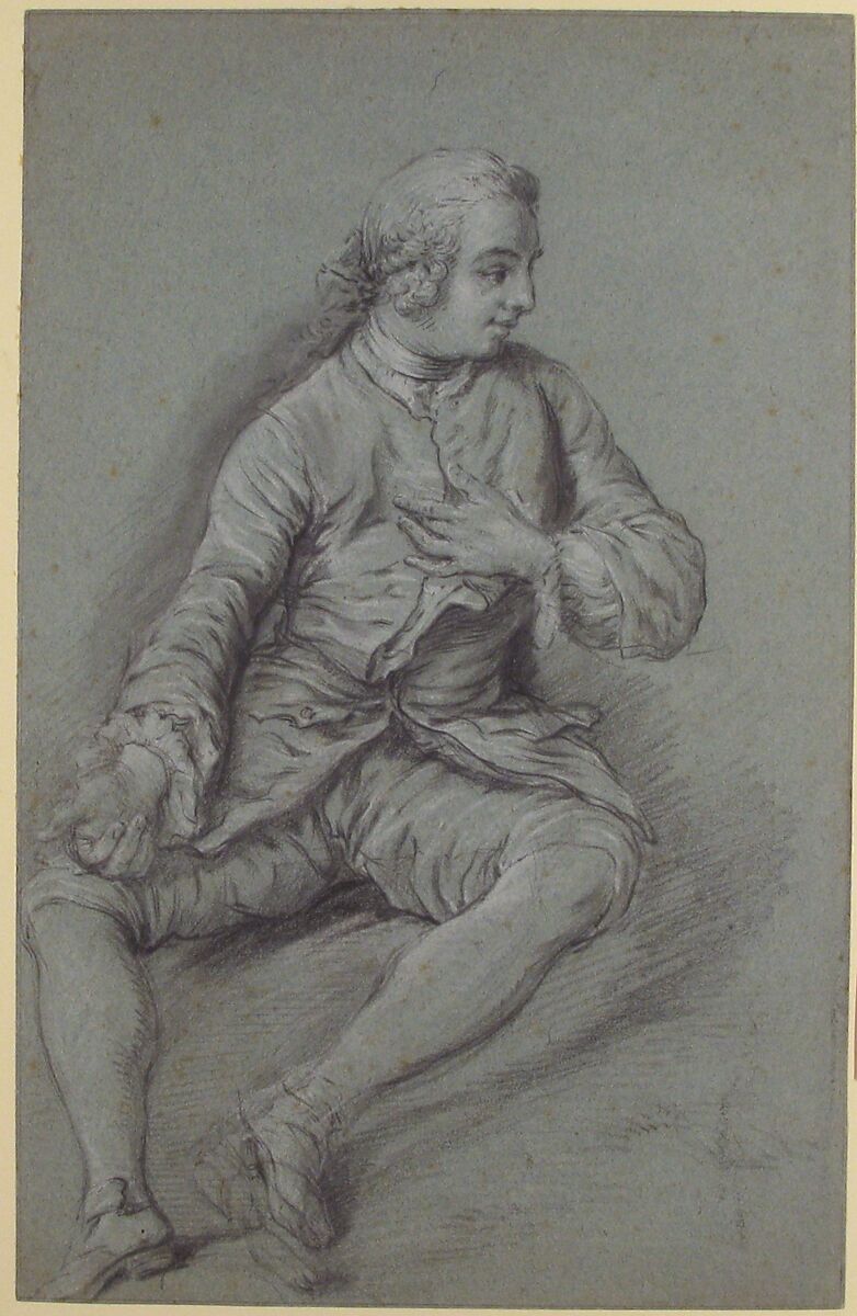 Young Man Seated on the ground with his left hand at his chest, Anonymous, French, 18th century, Black chalk, heightened with white chalk on blue paper