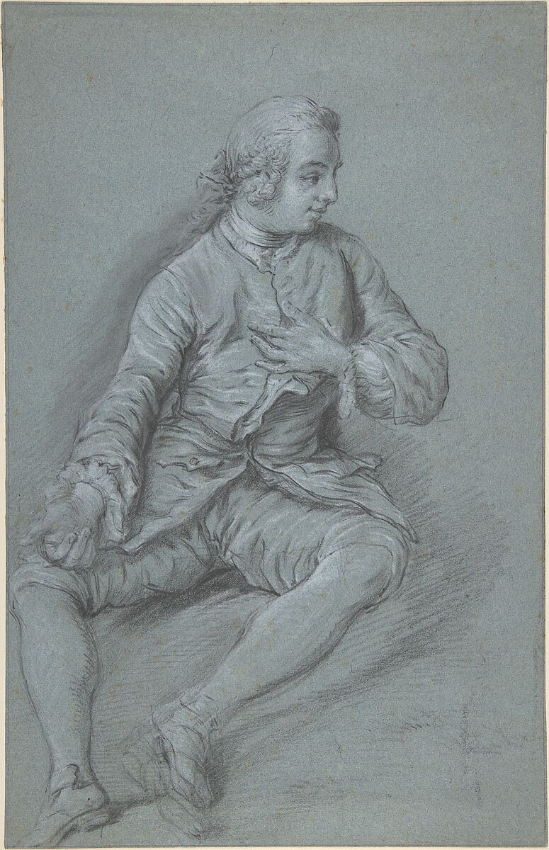 Young Man Seated on the ground with his left hand at his chest, Anonymous, French, 18th century, Black chalk, heightened with white chalk on blue paper 