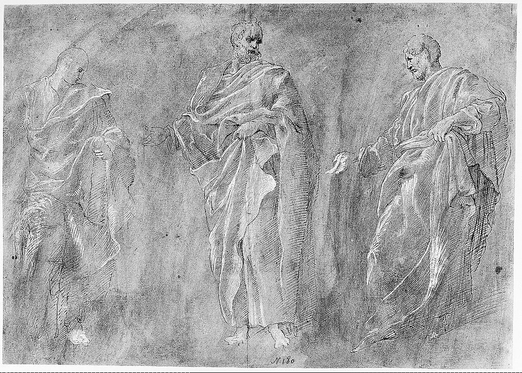 Three Standing Figures, After Francesco Primaticcio (Italian, Bologna 1504/5–1570 Paris), Pen and ink and white gouache, over traces of black chalk, on paper washed gray